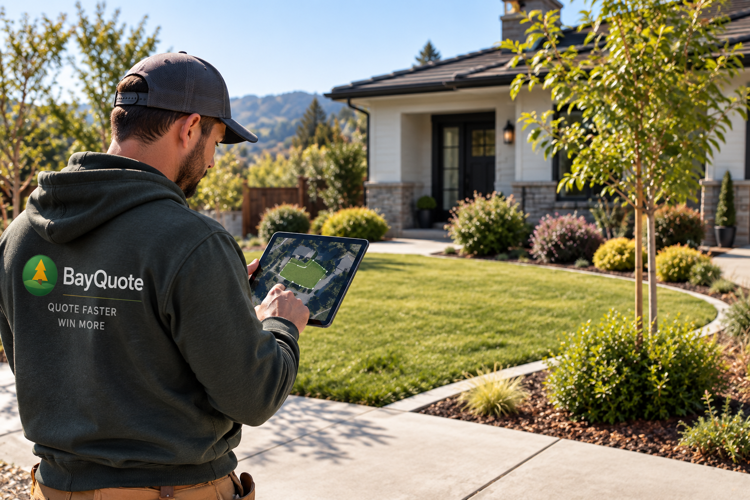 A landscaper in BayQuote branded gear reviewing a measured aerial view of a property on a tablet, standing on the customer's front walkway.